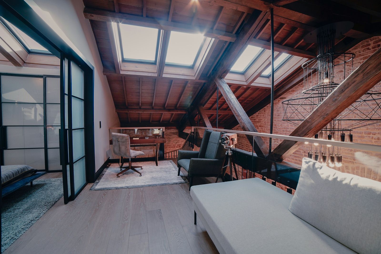 Loft conversion with exposed beams and rooflights, Mossley Hill